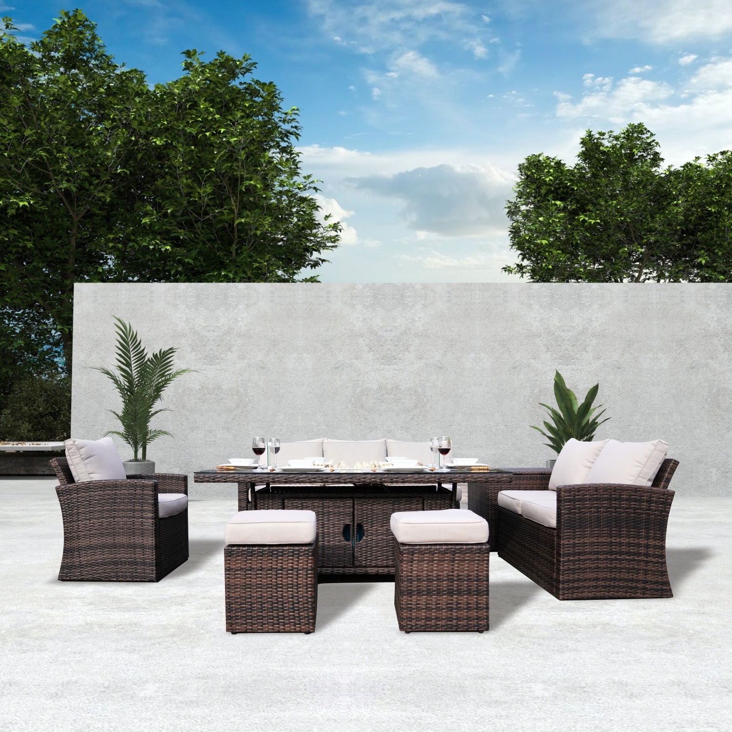 8 Seat Patio Garden Gas Fire Pit Rectangle Wicker Dining Table Sofa Set