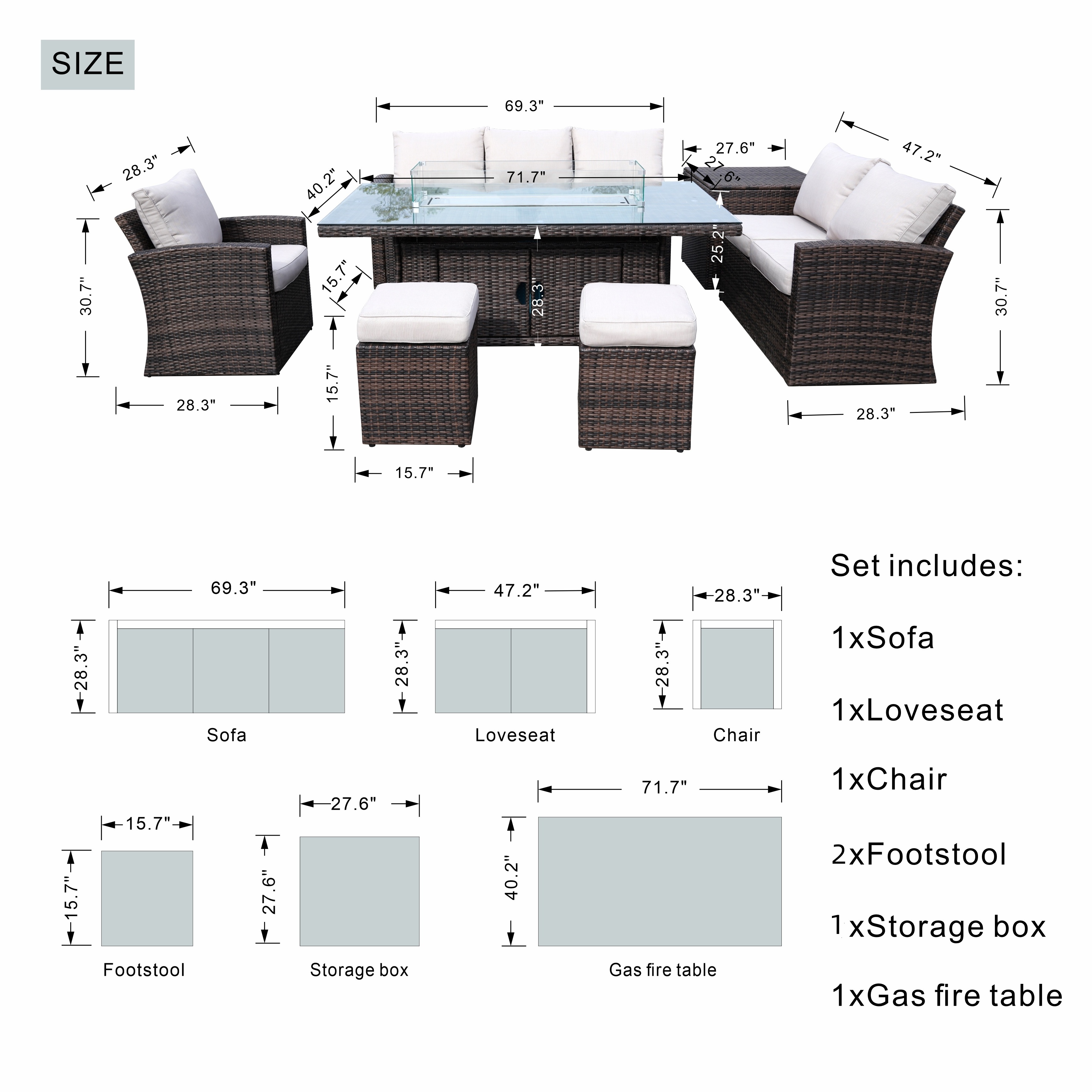 8 Seat Patio Garden Gas Fire Pit Rectangle Wicker Dining Table Sofa Set