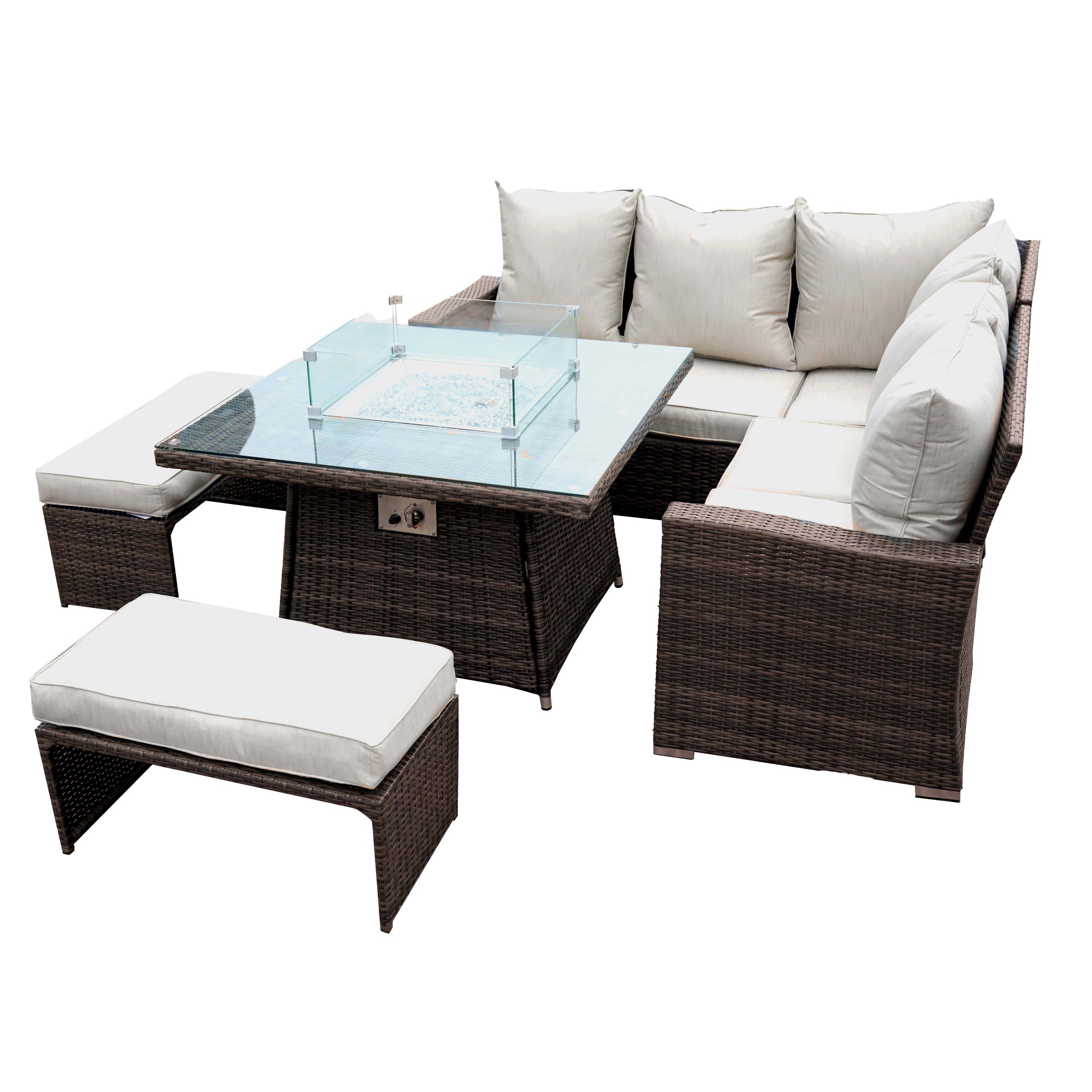 Outdoor sectional aluminum sofa set with gas fire pit table and bench patio furniture big family