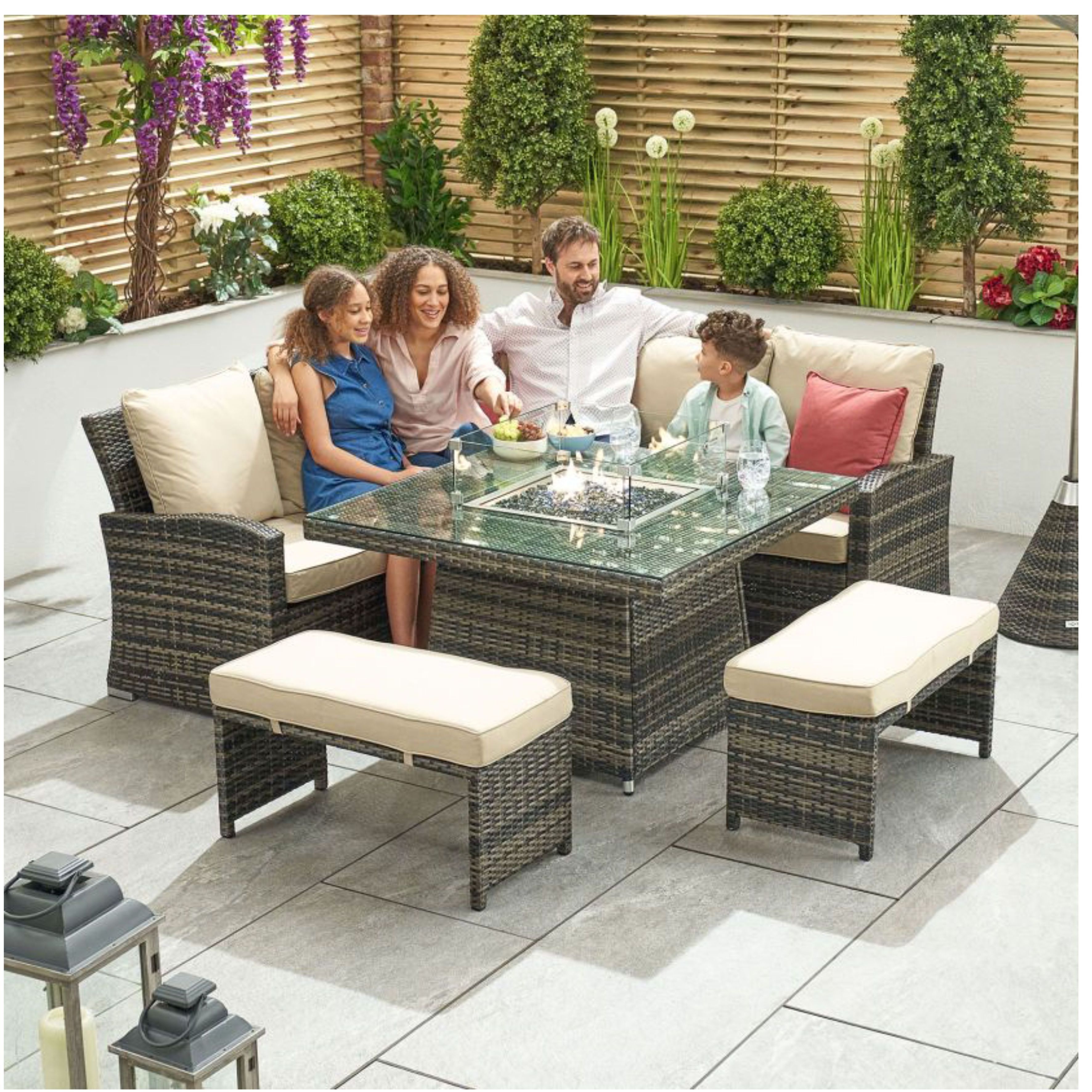 Outdoor sectional aluminum sofa set with gas fire pit table and bench patio furniture big family