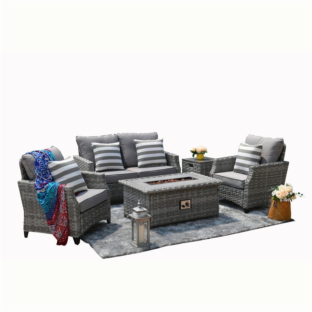 5 Piece Patio Furniture Set with Fire Pit Table Large Size Wicker Outdoor Sectional Luxury Rattan Conversation Sofa Set