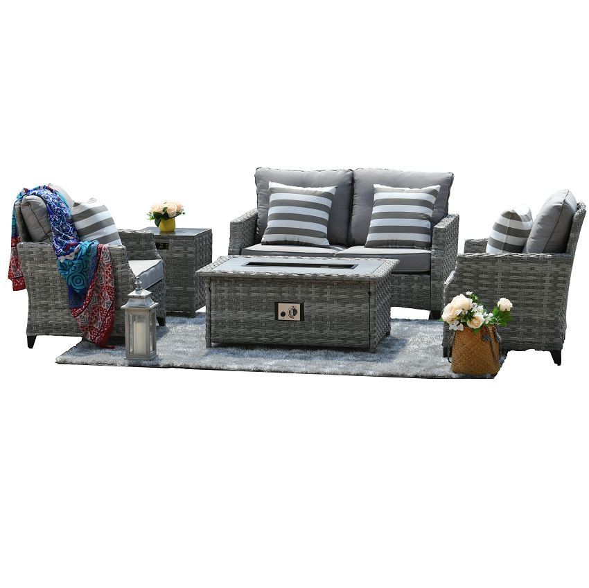 5 Piece Patio Furniture Set with Fire Pit Table Large Size Wicker Outdoor Sectional Luxury Rattan Conversation Sofa Set