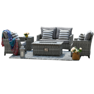 5 Piece Patio Furniture Set with Fire Pit Table Large Size Wicker Outdoor Sectional Luxury Rattan Conversation Sofa Set