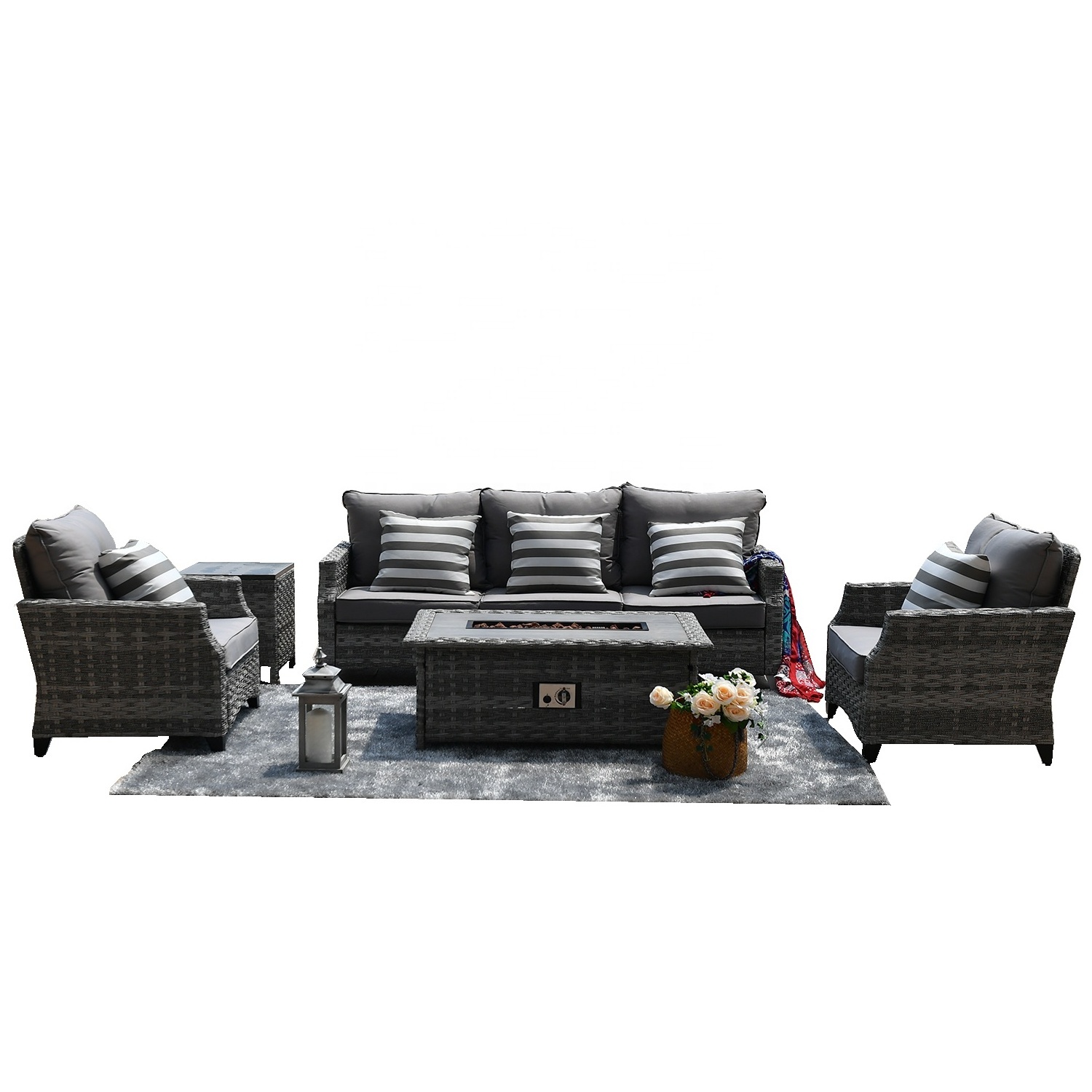 5 Piece Patio Furniture Set with Fire Pit Table Large Size Wicker Outdoor Sectional Luxury Rattan Conversation Sofa Set