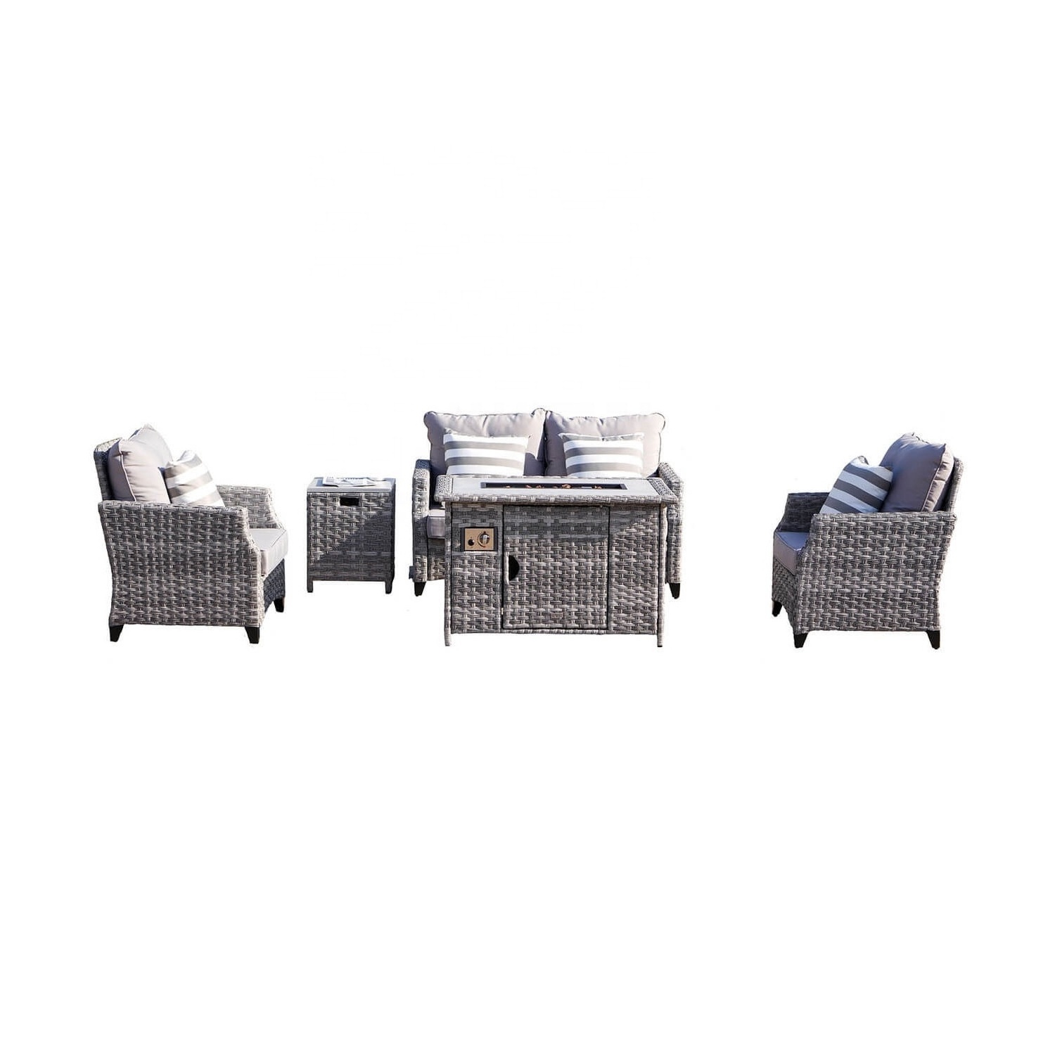 5 Piece Patio Furniture Set with Fire Pit Table Large Size Wicker Outdoor Sectional Luxury Rattan Conversation Sofa Set