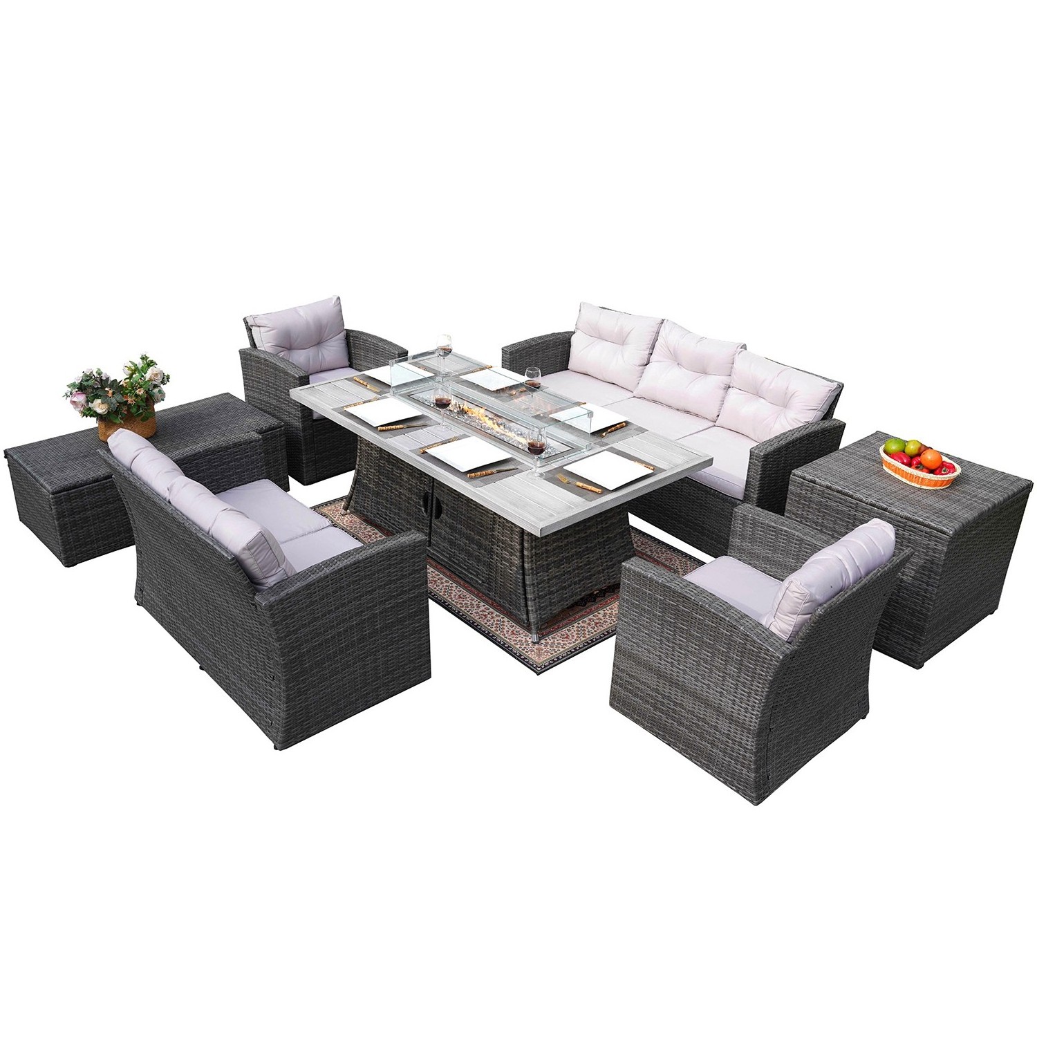 High Quality Outdoor Wicker Sofa Set Garden Sofa Rattan Furniture with Rectangle Fire Pit Table