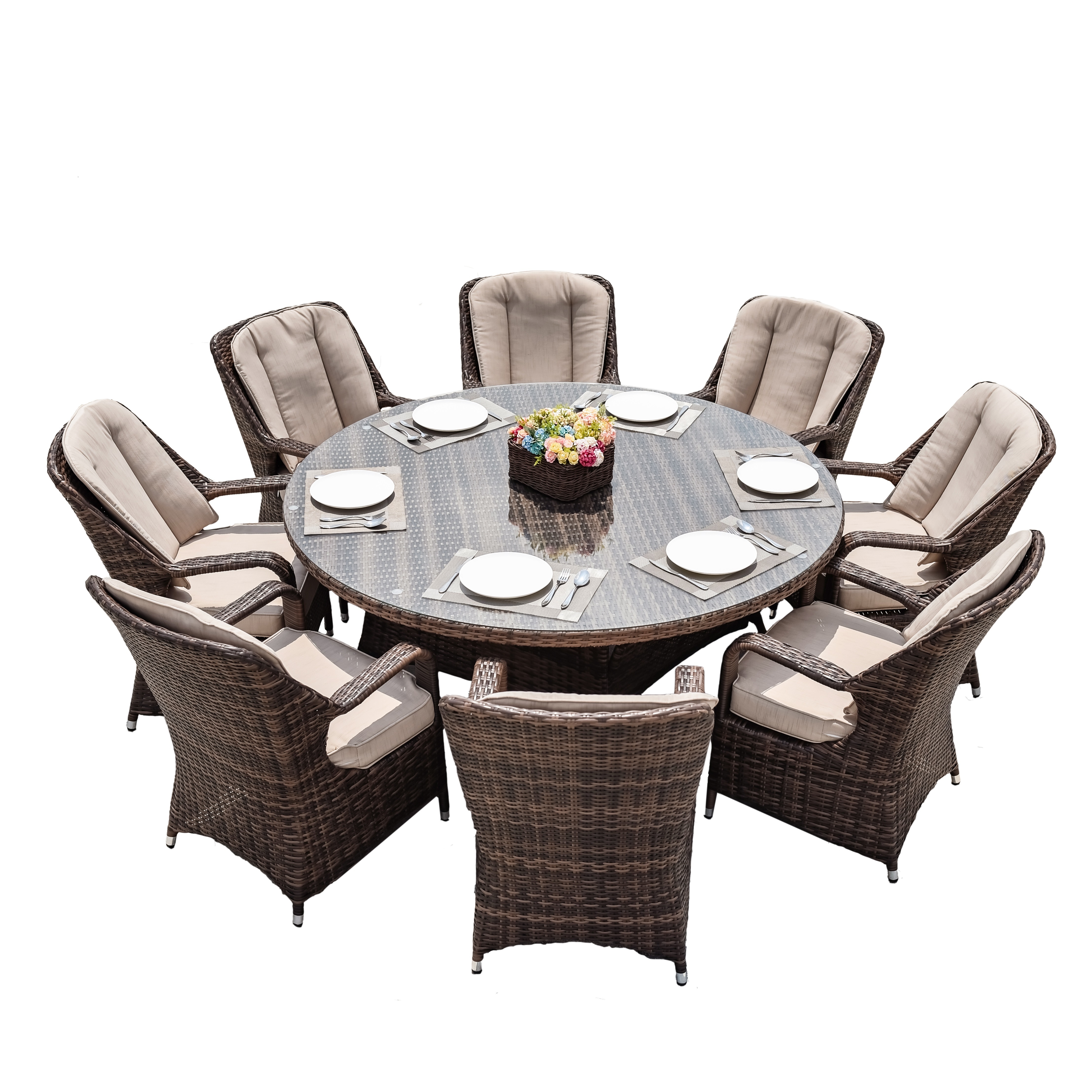 8 Seat Casual Hotel Outer Restaurant Patio Rattan Furnitures Table and Chairs Dining Set