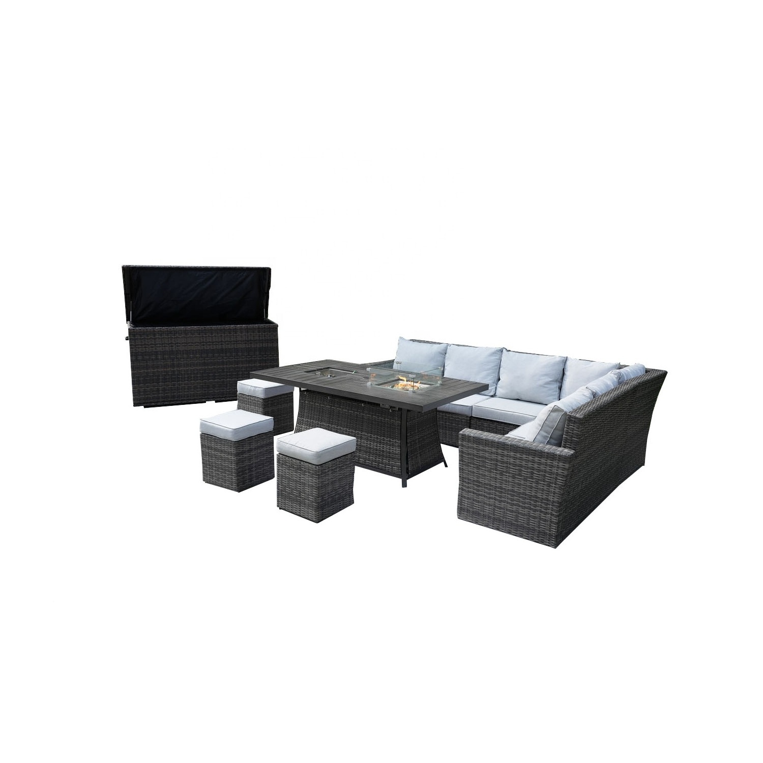 Patio Gray Rattan Wicker Conversational Set With Fire Pit Table & 3 PCS Ottomans