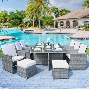 6 Seats Rectangular Table and Chairs Set Patio Furniture Outdoor Braided Rope Chairs Multi Dining Table