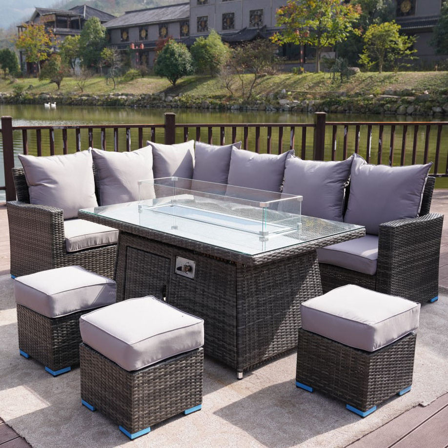 Luxury Design Rattan Garden Furniture Outdoor Corner Sofa with Firepit Table