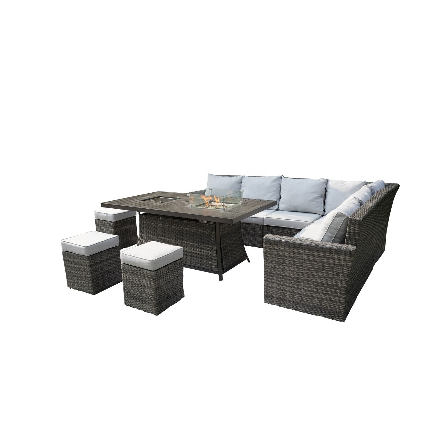 Patio Gray Rattan Wicker Conversational Set With Fire Pit Table & 3 PCS Ottomans