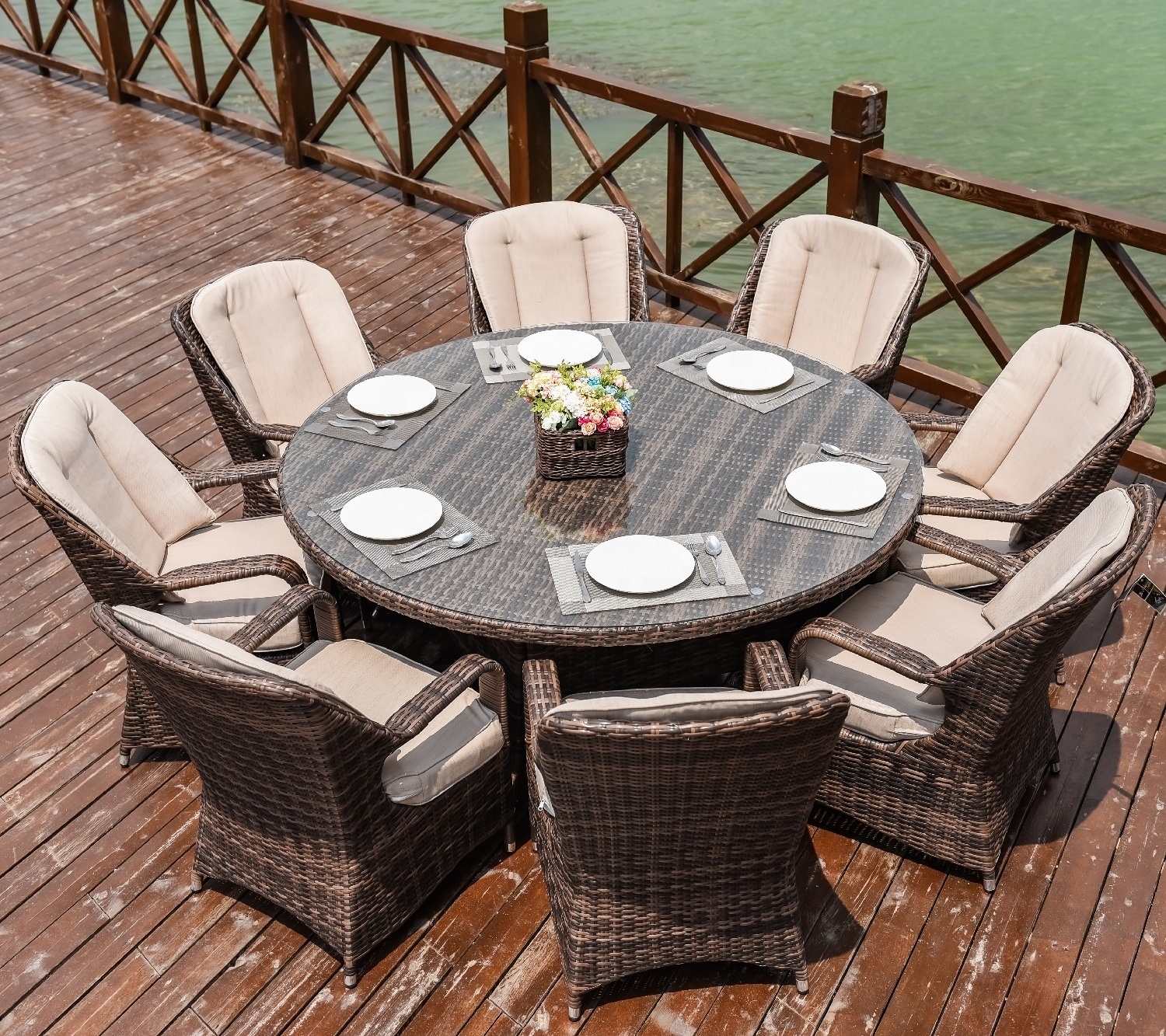 8 Seat Casual Hotel Outer Restaurant Patio Rattan Furnitures Table and Chairs Dining Set