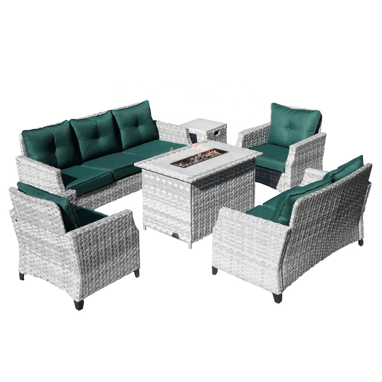 Patio Rattan Wicker Conversational Set with Rectangle Firepit & Ice Table Foldable Dining Chairs and Ottomans