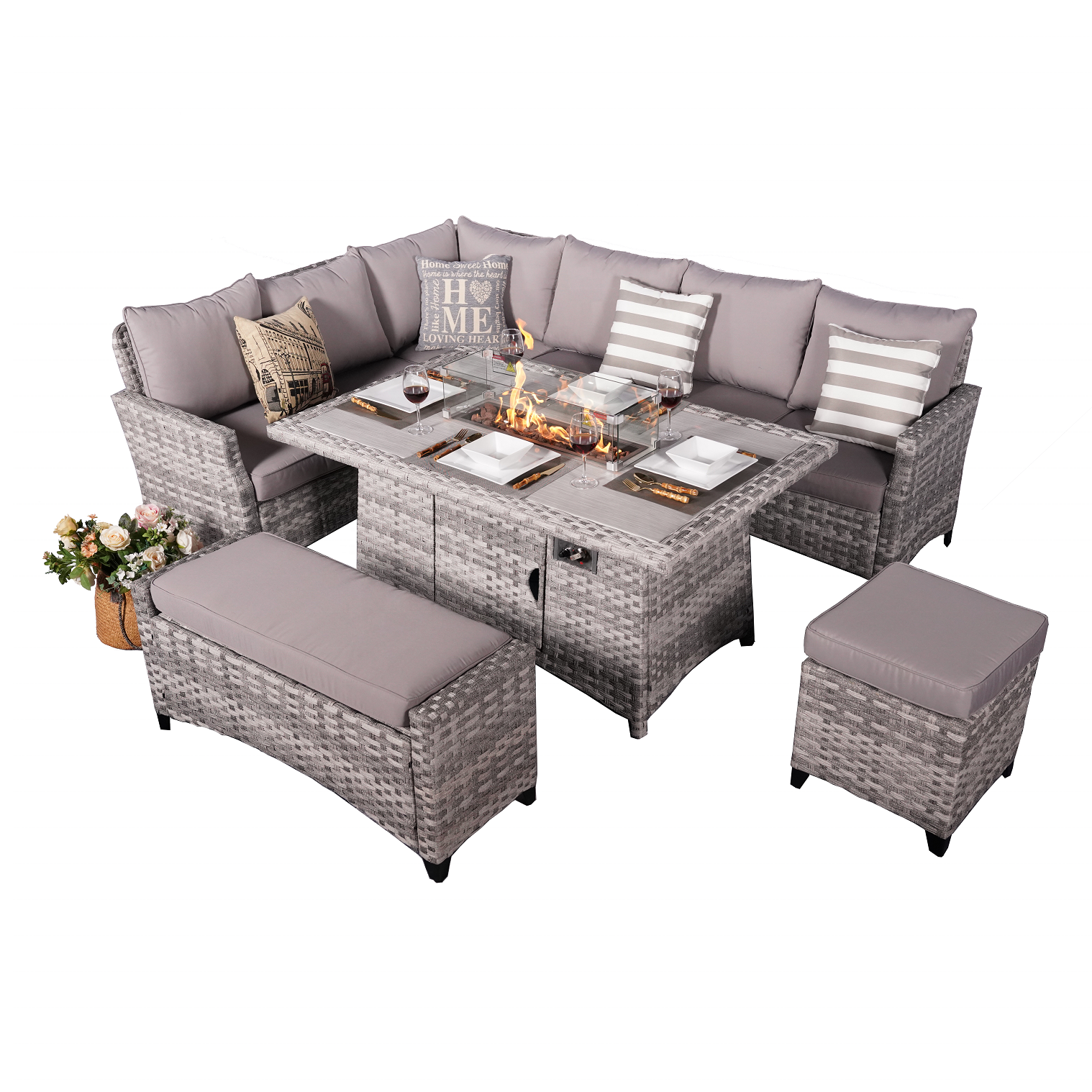 Luxury Design Rattan Dining Set Weatherproof Garden Sofa Set with Fire Pit Table