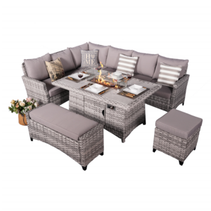 Luxury Design Rattan Dining Set Weatherproof Garden Sofa Set with Fire Pit Table