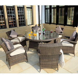 Modern Leisure All Weather Outdoor Dining Table Patio Wicker Furniture Garden Rattan Chair Set With Umbrella