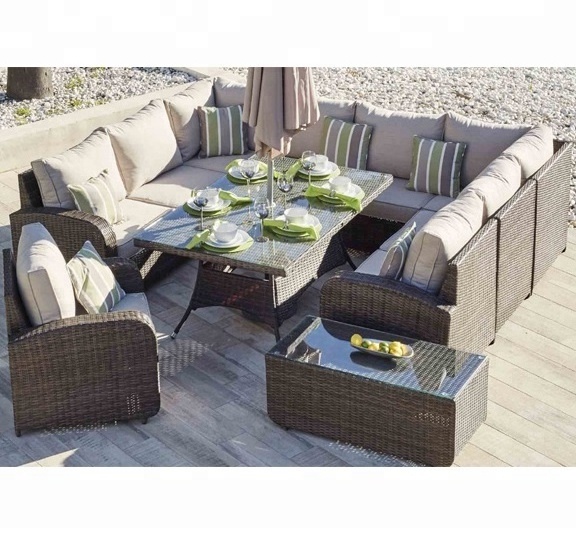 Luxury BBQ Furniture Wicker Garden Sofa Rattan CornerSofa Set Combo with Fire Pit Dining Table