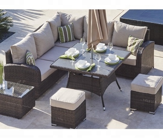 Luxury BBQ Furniture Wicker Garden Sofa Rattan CornerSofa Set Combo with Fire Pit Dining Table