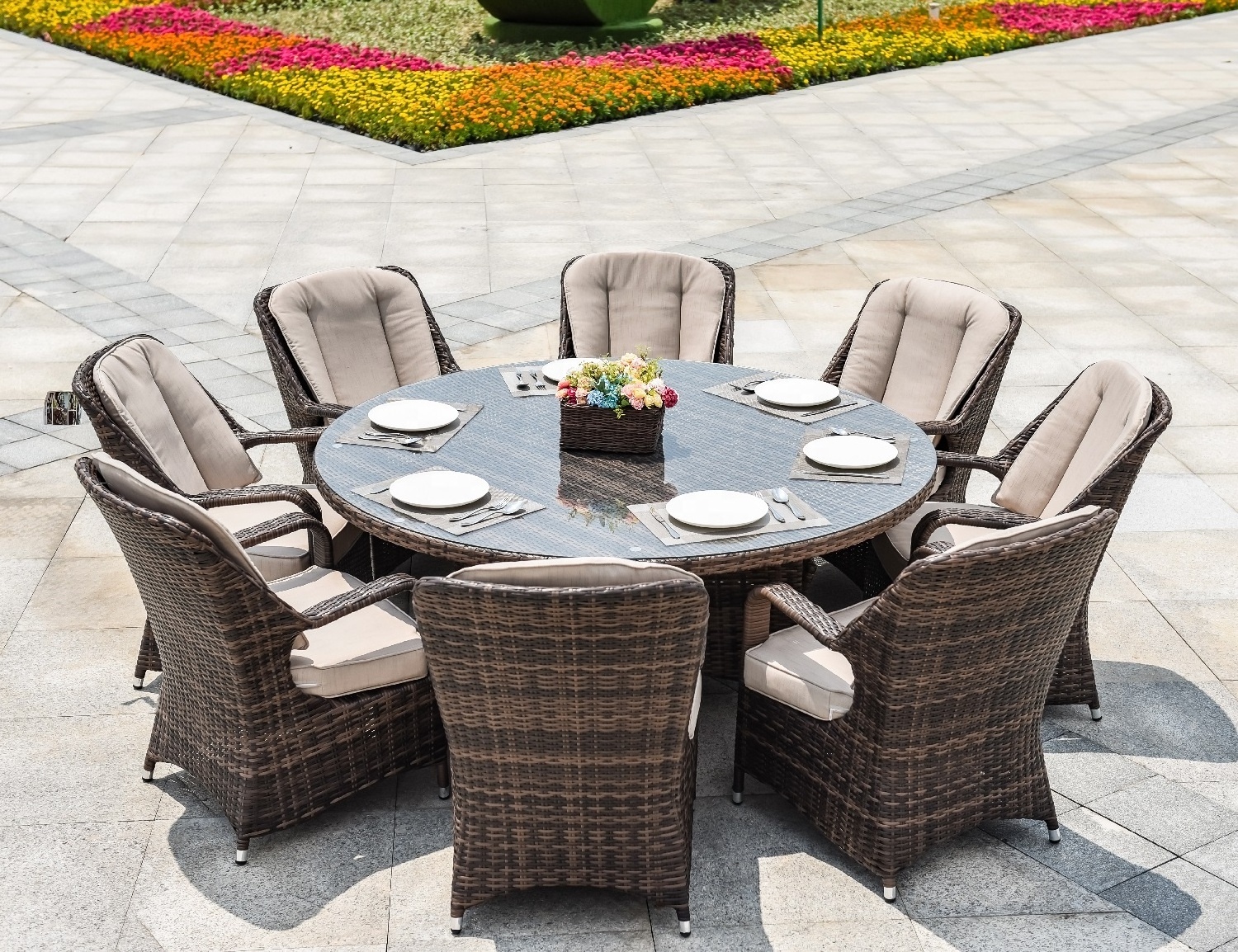 8 Seat Casual Hotel Outer Restaurant Patio Rattan Furnitures Table and Chairs Dining Set