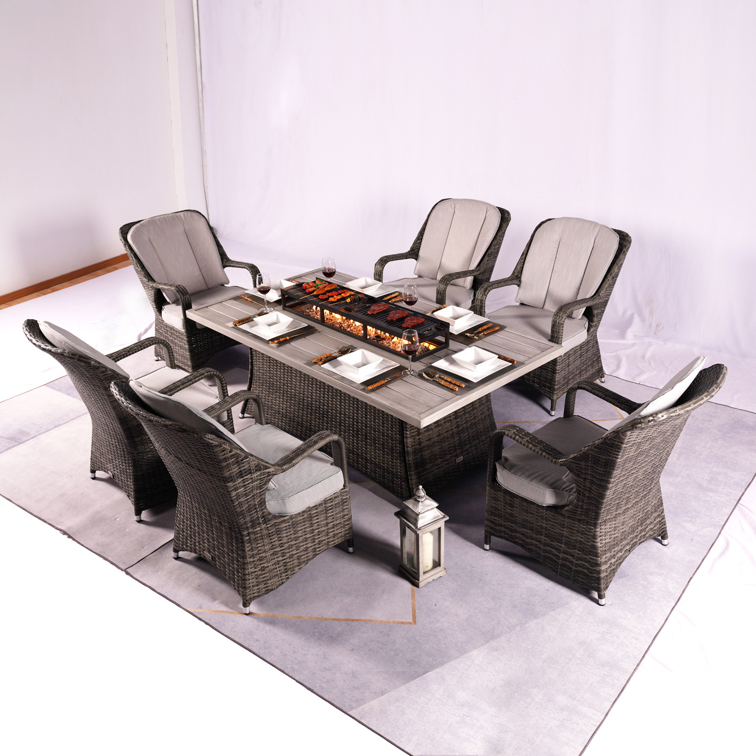 High quality 6 seat outdoor marble BBQ gas fire pit dining table set