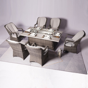 High quality 6 seat outdoor marble BBQ gas fire pit dining table set