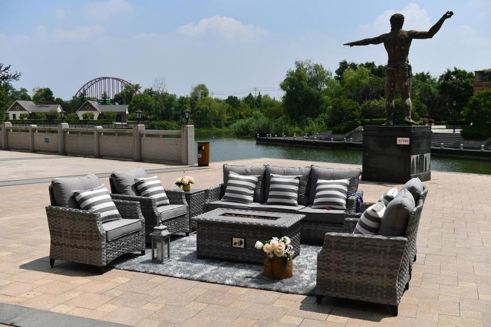 7 Seats Modern Wicker/Rattan Outdoor Furniture Garden  Patio Sofa Set with Gas Fire Pit Table