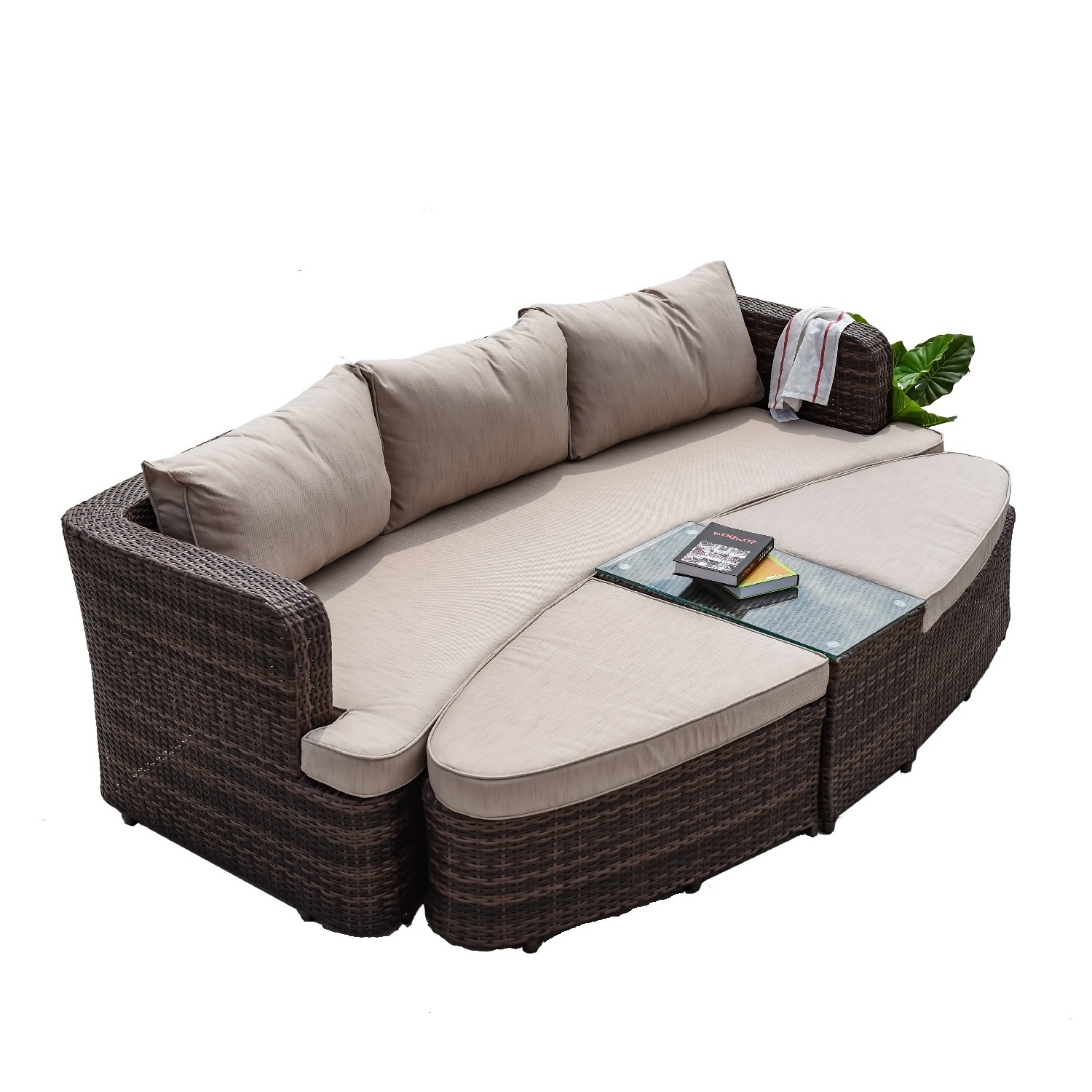 Brown Frame Rattan Outdoor Furniture Beach Sunbed Daybed