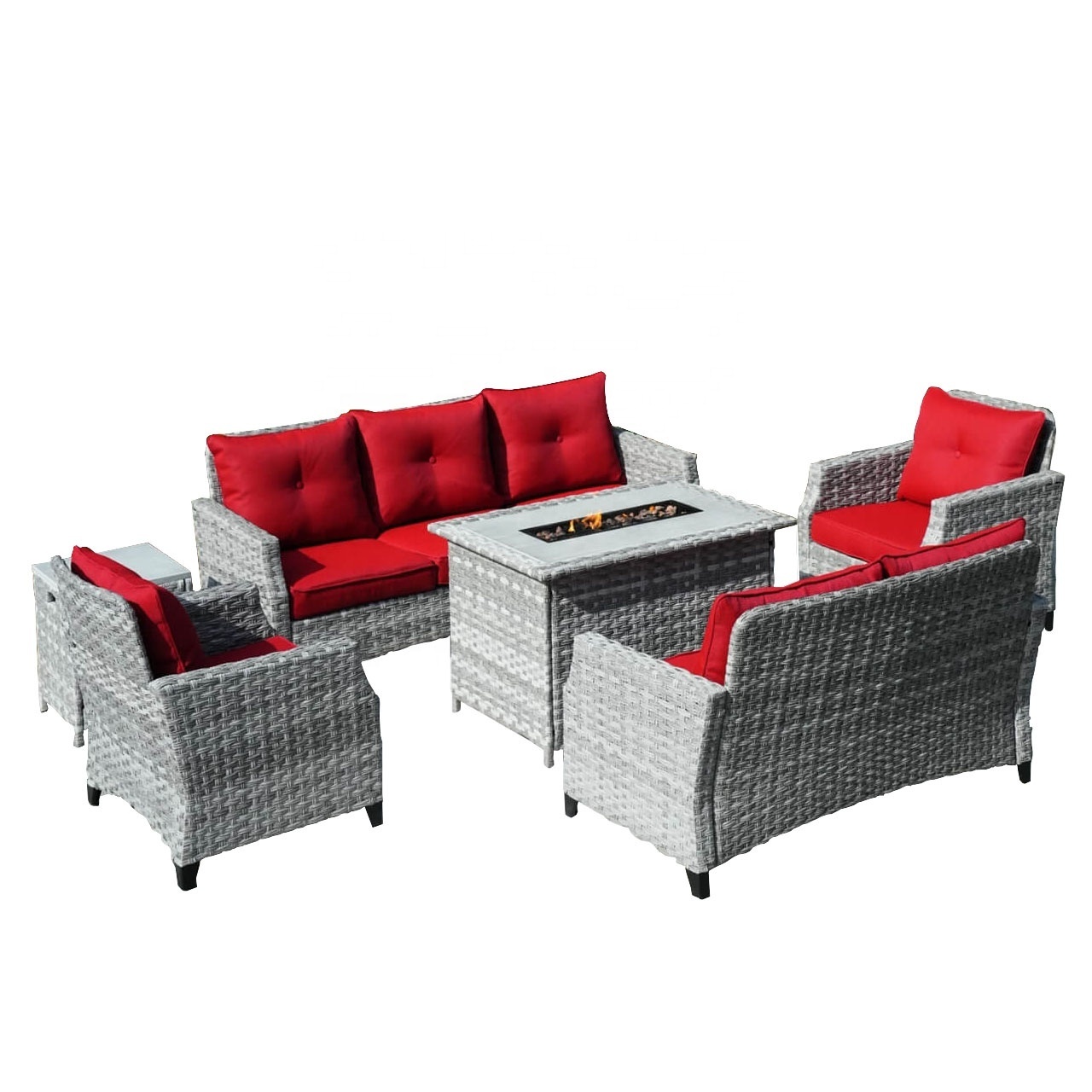 Patio Rattan Wicker Conversational Set with Rectangle Firepit & Ice Table Foldable Dining Chairs and Ottomans