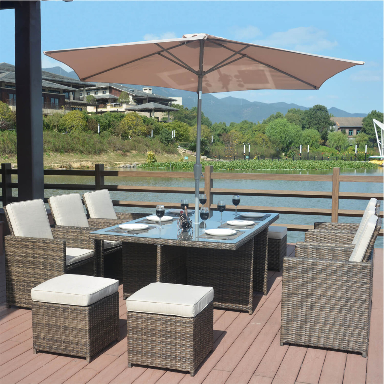 6 Seats Rectangular Table and Chairs Set Patio Furniture Outdoor Braided Rope Chairs Multi Dining Table