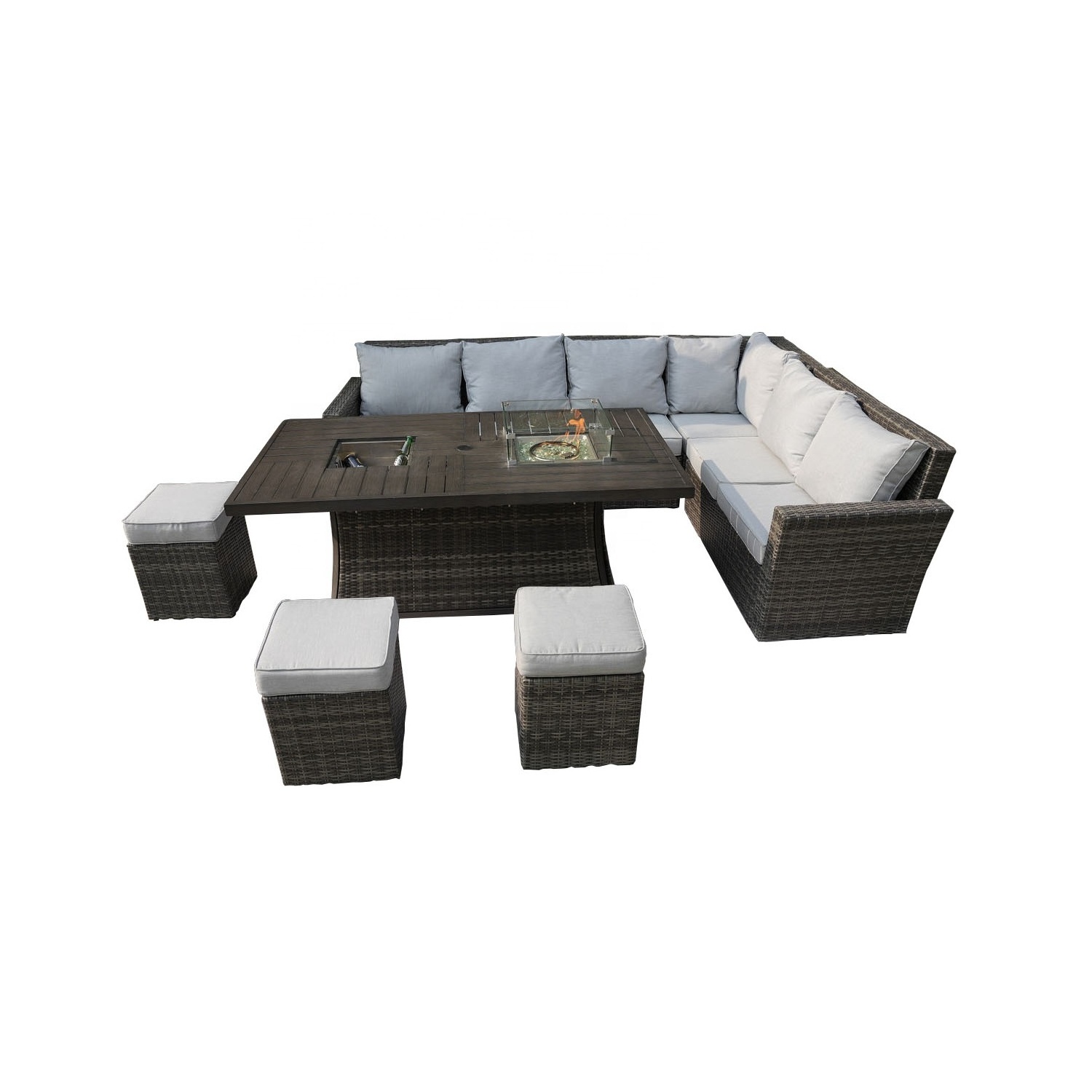 Patio Gray Rattan Wicker Conversational Set With Fire Pit Table & 3 PCS Ottomans