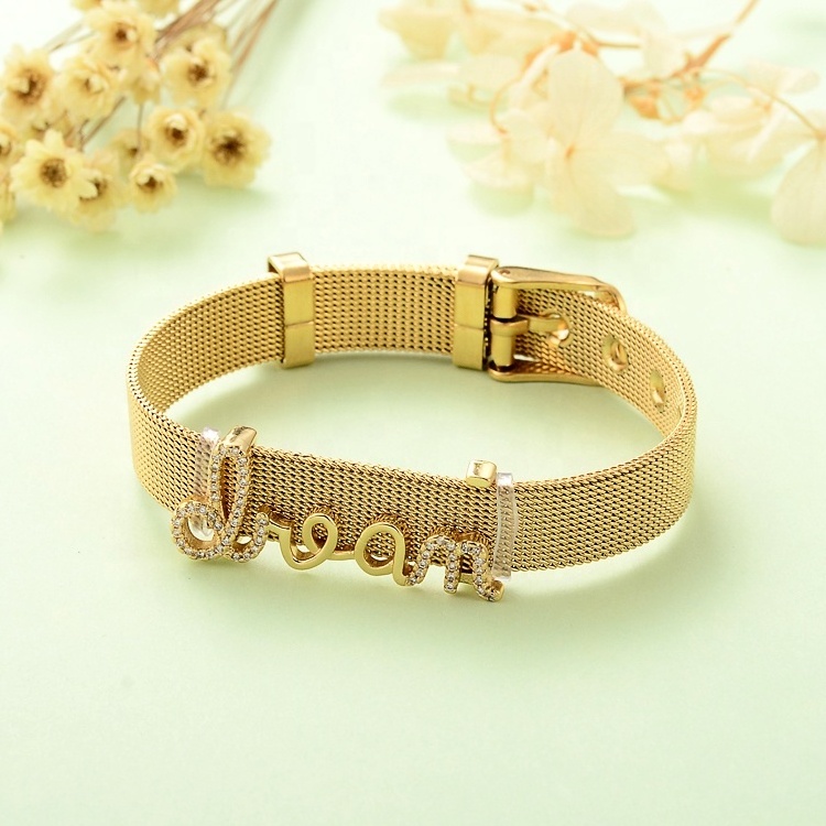 Modalen Italian Stainless Steel Mesh Slide Charm Belt Metal Adjustable Bracelet