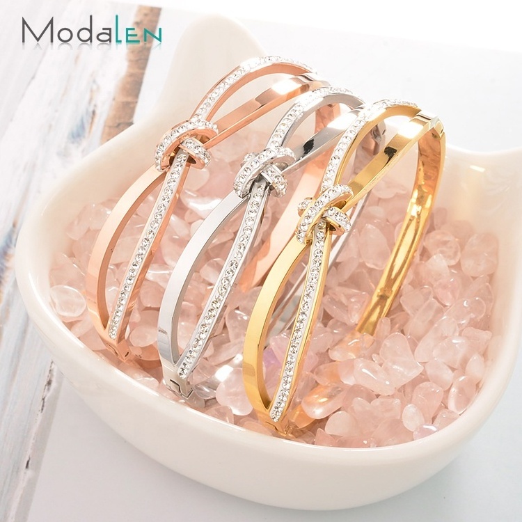 Modalen Women Personalized Gold Rhinestone Knot Bracelet Custom Stainless Steel Cuff Bangle