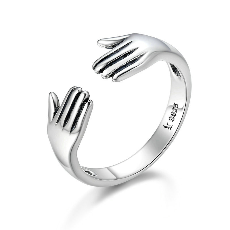 Adjustable Size Double Layer Give Me A Hug Hand Jewelry Plain 925 Sterling Silver Platinum Ring