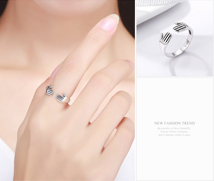 Adjustable Size Double Layer Give Me A Hug Hand Jewelry Plain 925 Sterling Silver Platinum Ring