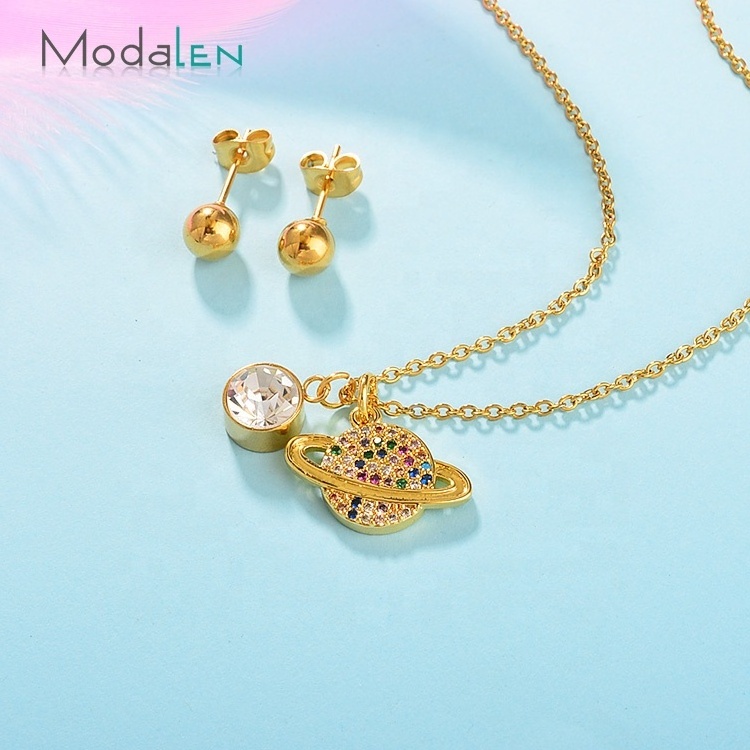 Modalen Stainless Steel Crystal Planet Chain Woman Cute 18K Gold Plated Pendent Necklace