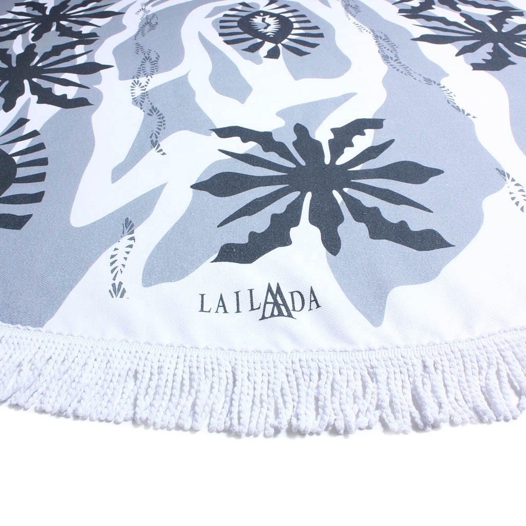 Superdry Turkish Roundie Elegant Printed Leaves Symbols Round Beach Towel with Tassels Custom Luxury Picnic Yoga 100% Cotton