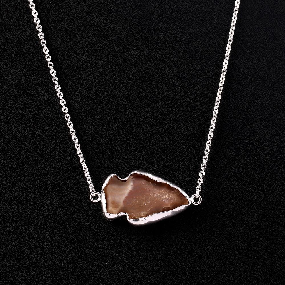 Silver Plated Raw Brown Agate Slice Gemstone Necklace | Collet Setting Arrowhead Shape Stone Necklaces Jewelry. Mode Joyas N-309