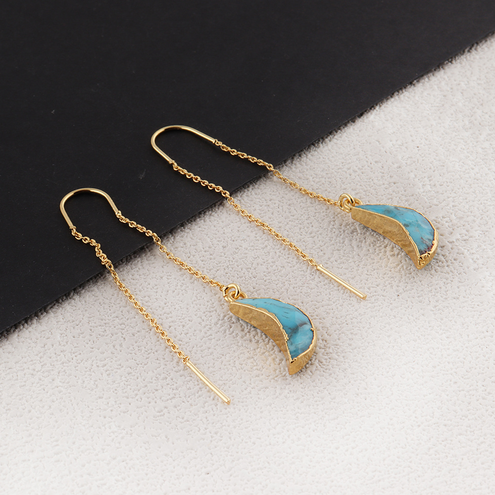 Mohave Turquoise Pull Through Earrings Half Moon Shape Gemstone Electro Setting Gold Plated Earrings Jewellery Mode Joyas E-1485