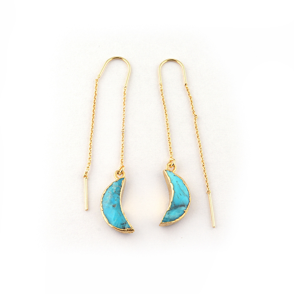 Mohave Turquoise Pull Through Earrings Half Moon Shape Gemstone Electro Setting Gold Plated Earrings Jewellery Mode Joyas E-1485