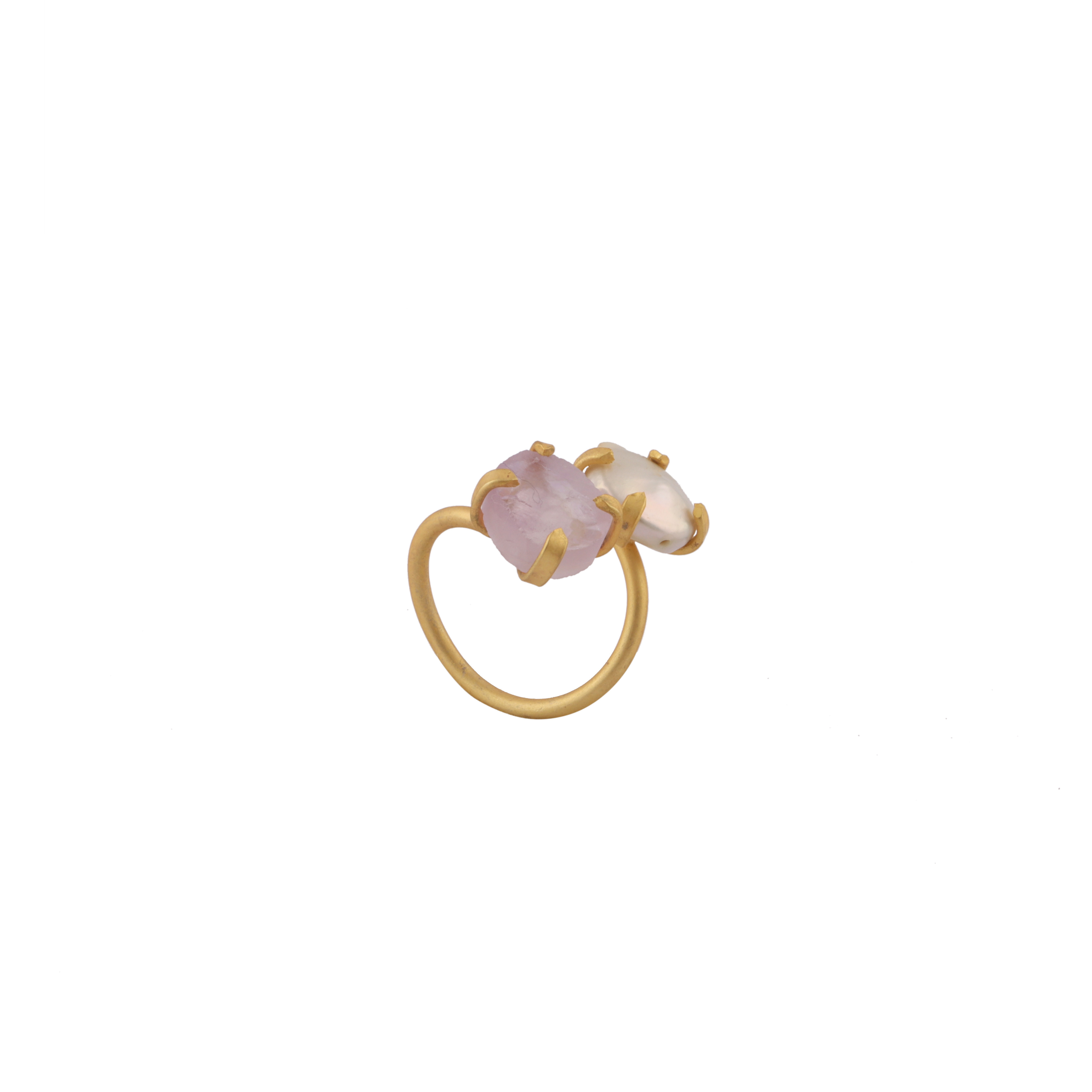 Brass Gold Pearl & Raw Purple Amethyst Gemstones Dull Gold Plated Prong Setting Gemstones Women Ring Jewellery. Mode Joyas R-456