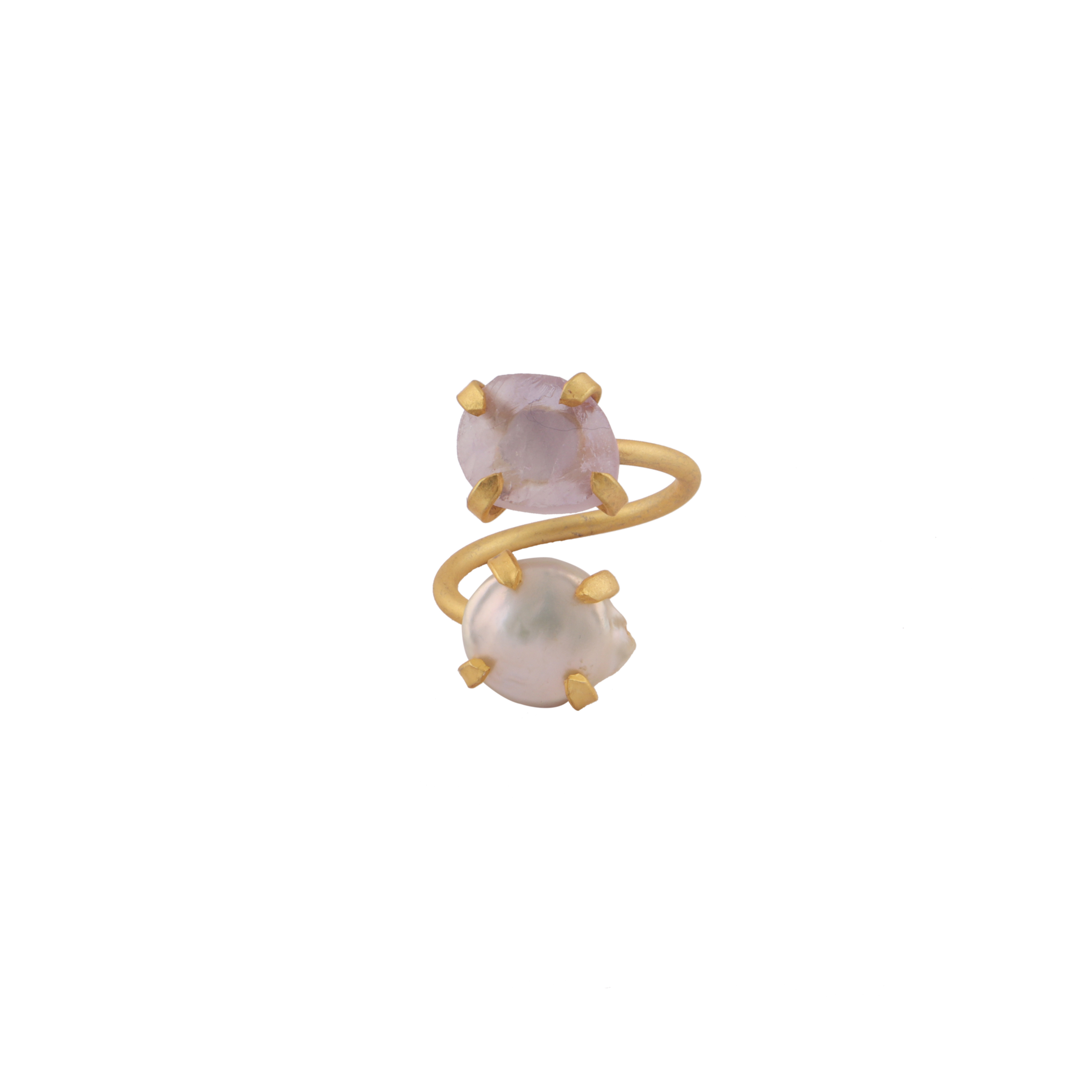 Brass Gold Pearl & Raw Purple Amethyst Gemstones Dull Gold Plated Prong Setting Gemstones Women Ring Jewellery. Mode Joyas R-456