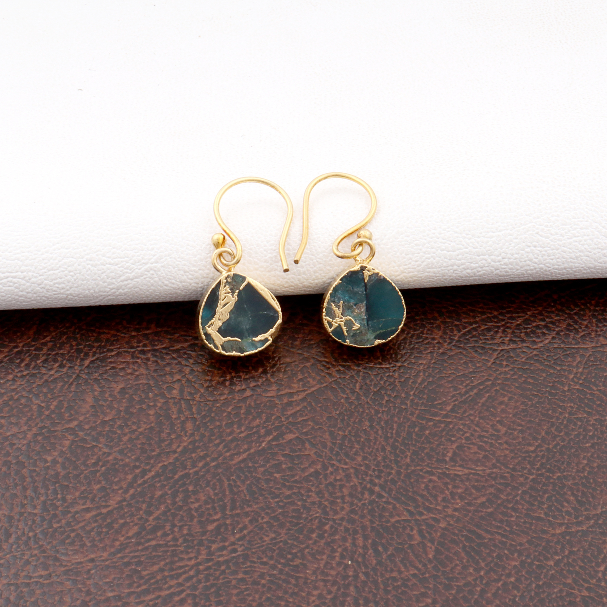 Gold Plated Mohave Turquoise Gemstone Hook Earrings Pear Shape Stone & Electro Settings Earrings Jewelry. Mode Joyas E-049