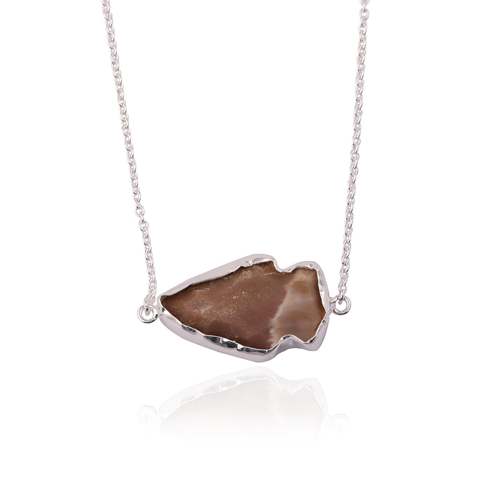 Silver Plated Raw Brown Agate Slice Gemstone Necklace | Collet Setting Arrowhead Shape Stone Necklaces Jewelry. Mode Joyas N-309