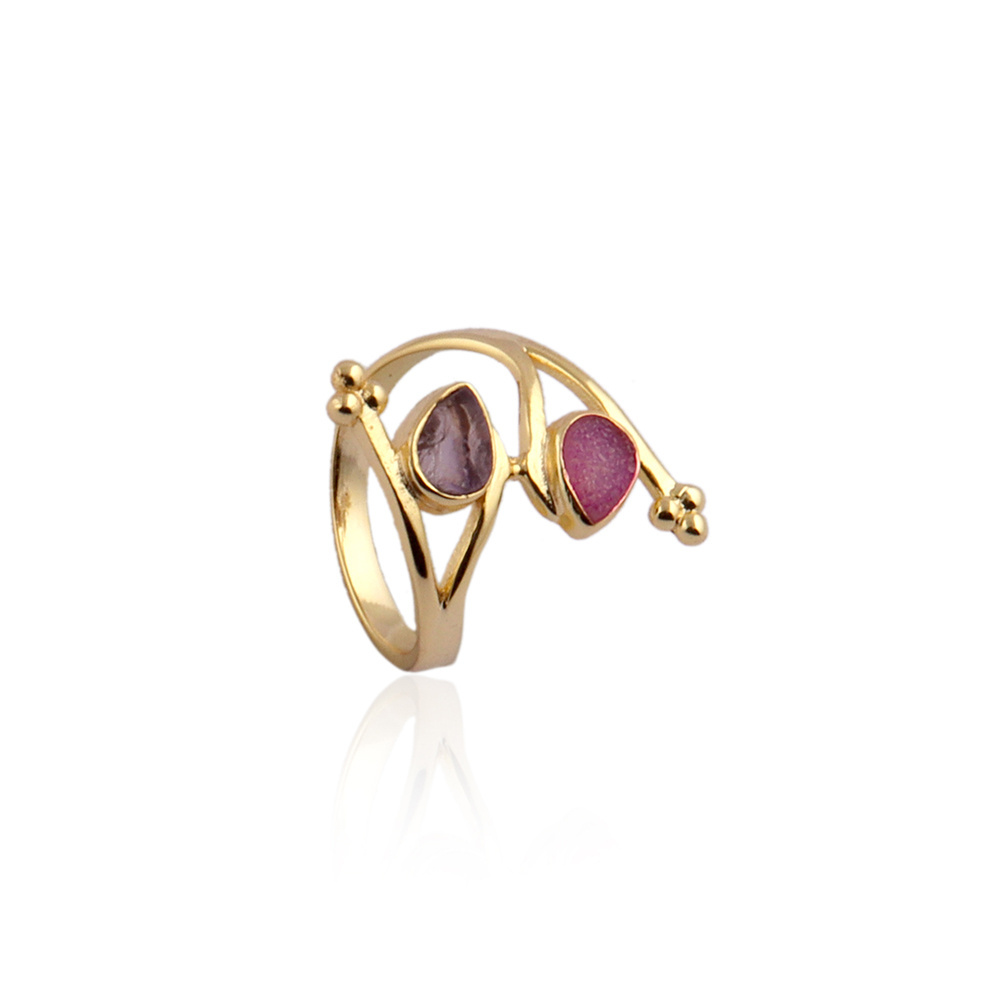 Handmade Raw Pink Tourmaline Pear Shape Statement Collet Sett Rings  Gold Plated Gemstone Brass Ring Jewellery. Mode Joyas R-350