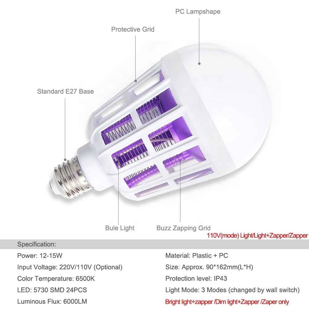 electric Mosquito killer lamp led bug zapper E27 LED Bulb 3 Modes Insect repellent Night Light 15W