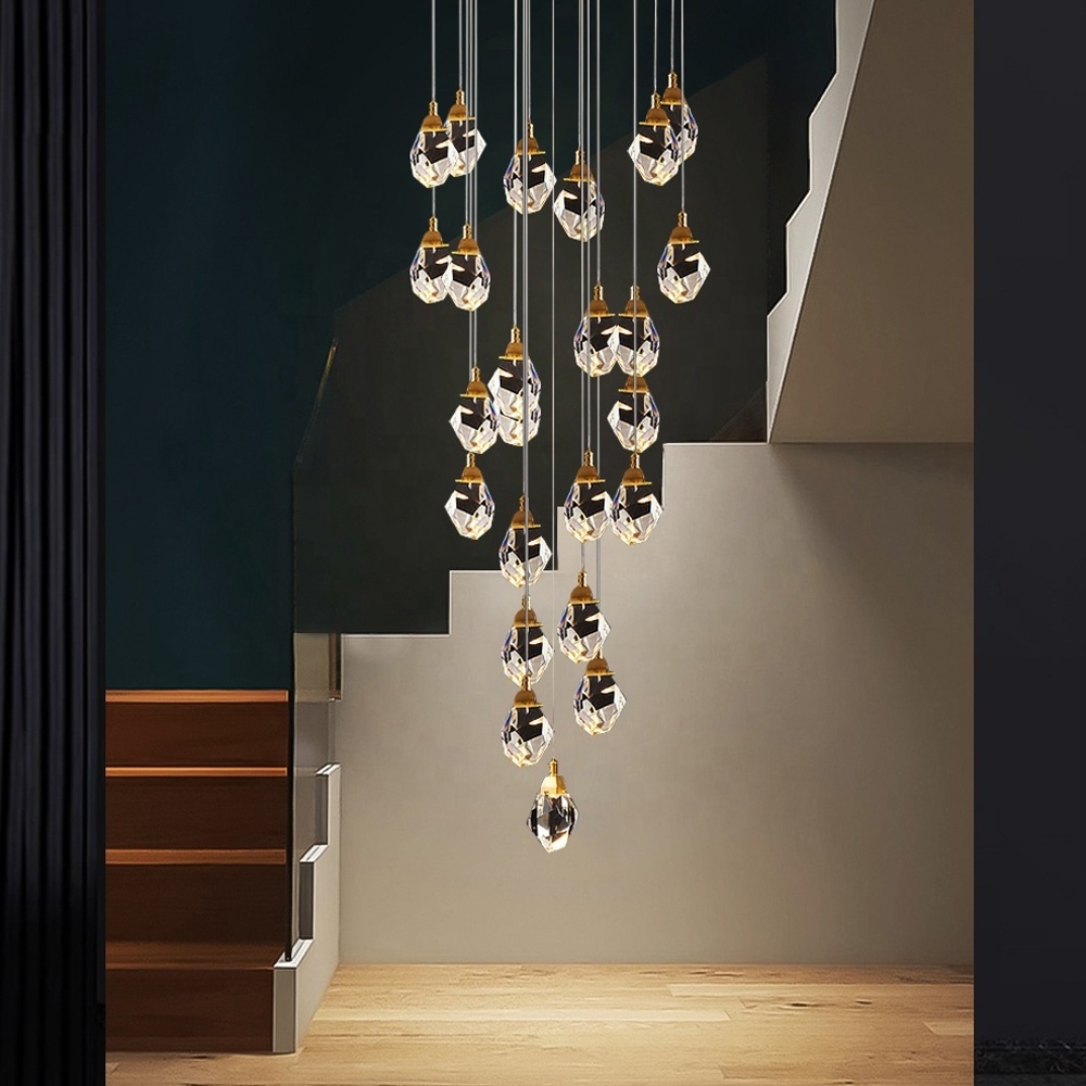 Luxury indoor villa gold led crystal stone chandelier stairwell staircase pendant lighting