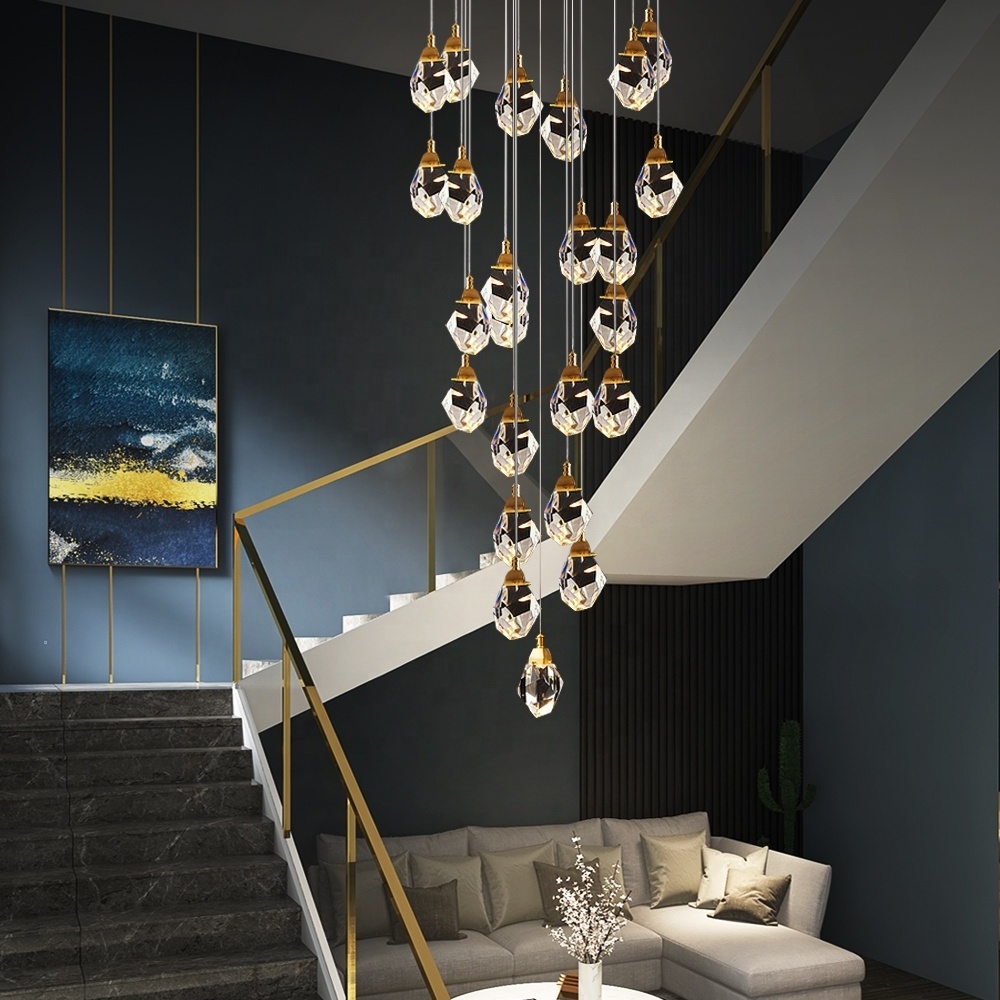 Luxury indoor villa gold led crystal stone chandelier stairwell staircase pendant lighting