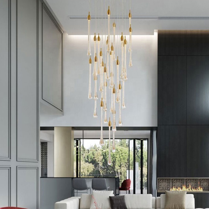 Modern staircase cristal glass pendant water drop light led crystal raindrop chandelier for long villa lobby