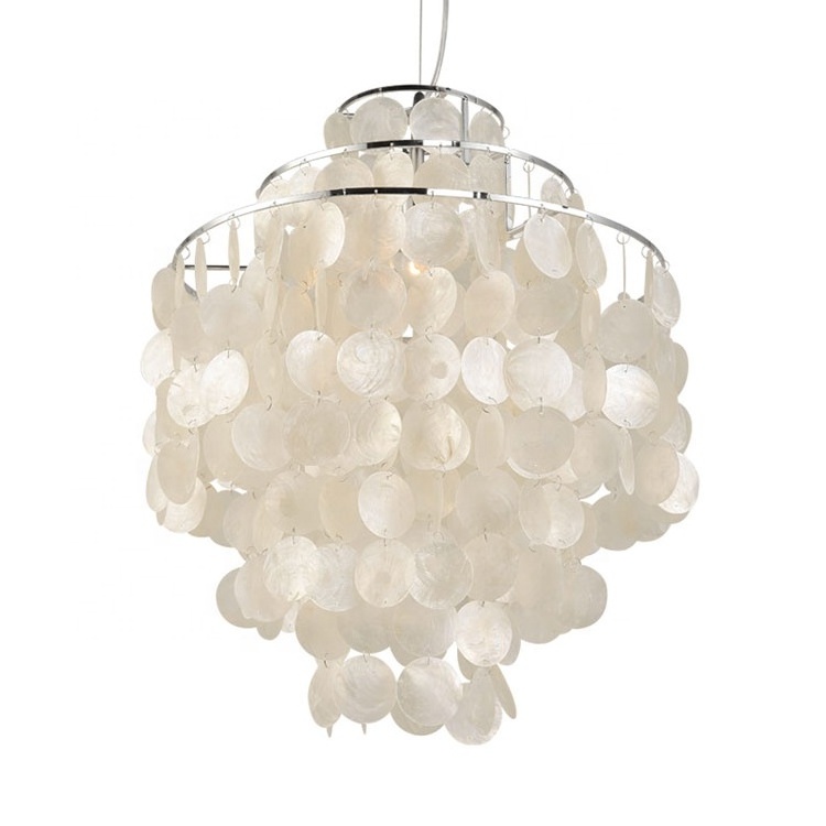 Decoration boho white round capiz shells chandelier lamp philippines natural seashell hanging light