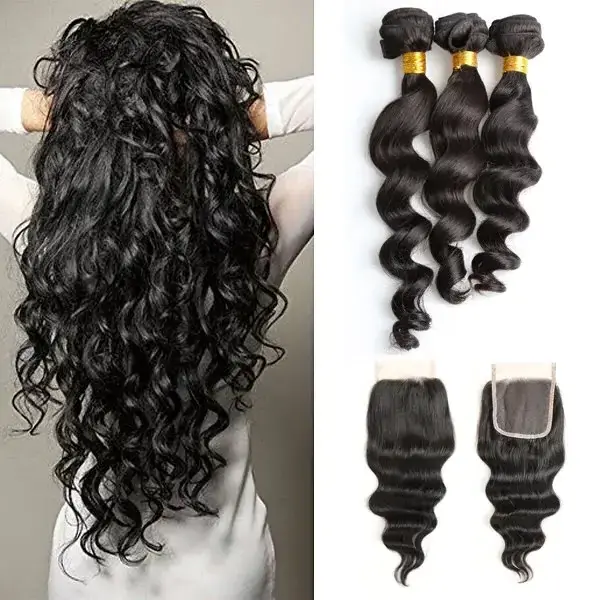 Raw Burmese Remy 15A Human Hair Loose Wave Bundle Human Hair Extensions with Lace Closure for Women Brazilian Hair Weave